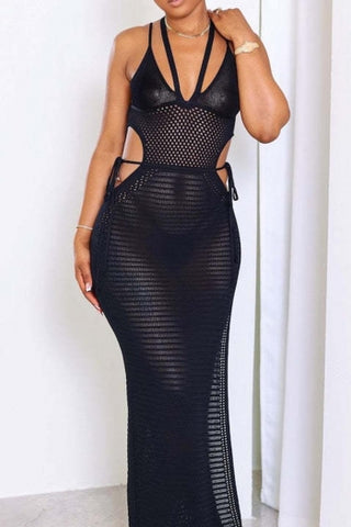 Crochet halter hollow slit backless maxi dress