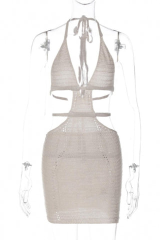 Crochet halter-neck lace-up mini dress