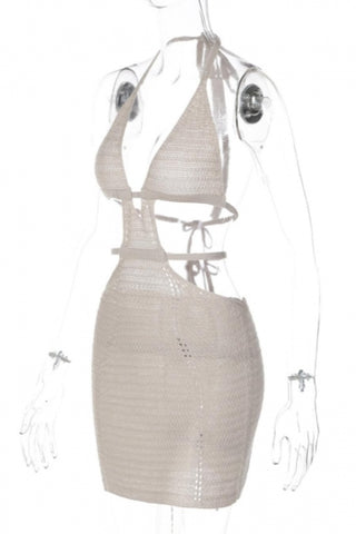 Crochet halter-neck lace-up mini dress