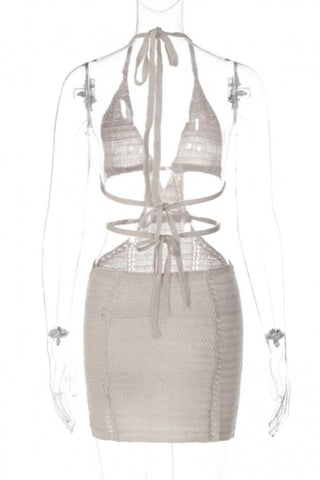 Crochet halter-neck lace-up mini dress