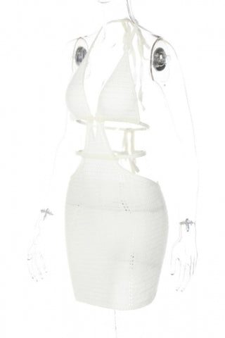 Crochet halter-neck lace-up mini dress