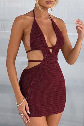 Crochet halter-neck lace-up mini dress