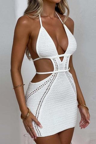 Crochet halter-neck lace-up mini dress