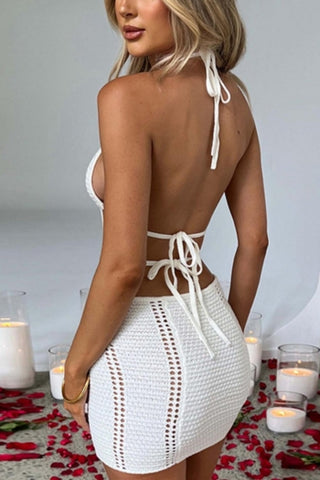 Crochet halter-neck lace-up mini dress