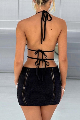 Crochet halter-neck lace-up mini dress