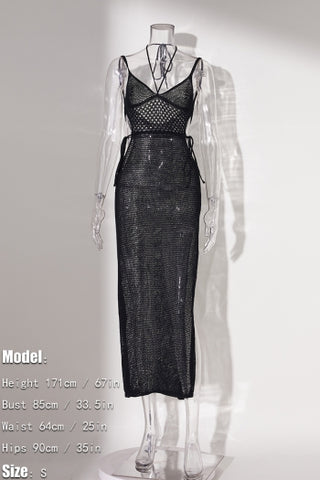 Crochet halter hollow slit backless maxi dress